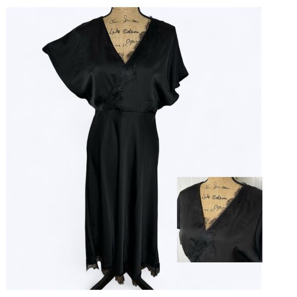 Scoop Satin Midi Dress Sz M Black Lace Trim Cocktail Whimsy Witchy Dark Romantic - Picture 1 of 16